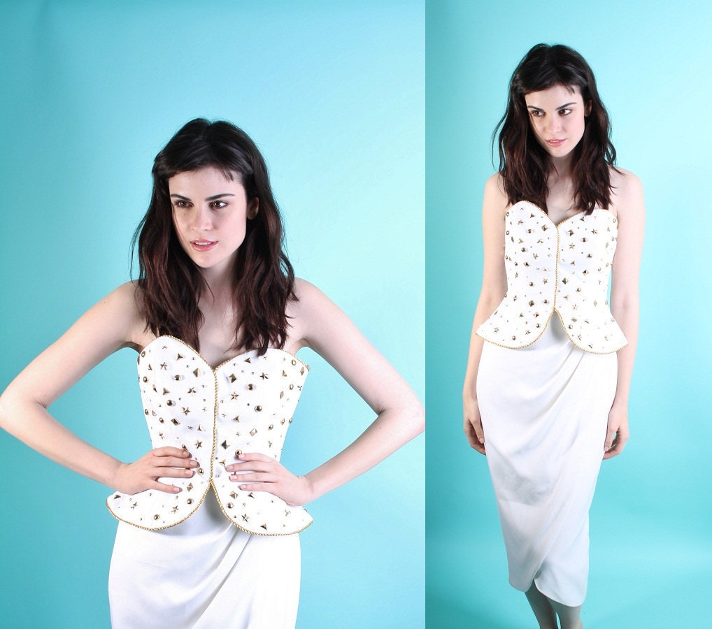 1980s Vintage Dress / White corset / gold star rhinestone /  cocktail wedding 0336