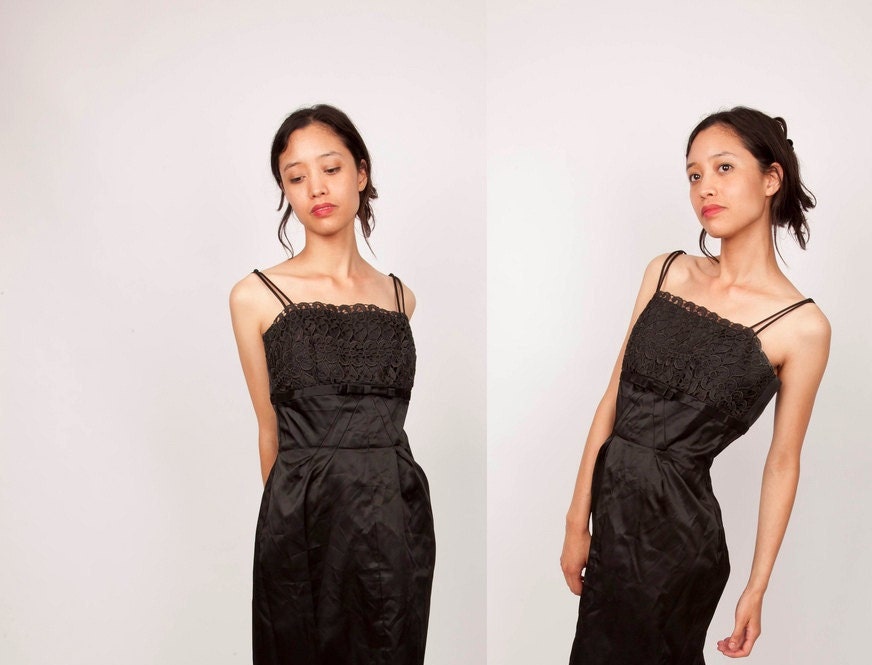 1950s Cocktail Dress / Black Dress / Cocktail Party Dress / Satin Dress / Brocade Lace dress / Mad Men Dress / Wiggle Dress 0487