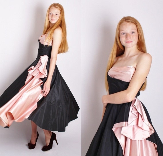 Designer Vintage Fred Perlberg Pink Satin and Black Strapless Formal Evening Gown  / Cocktail Dress / 1950s Cocktail Dress / 1204