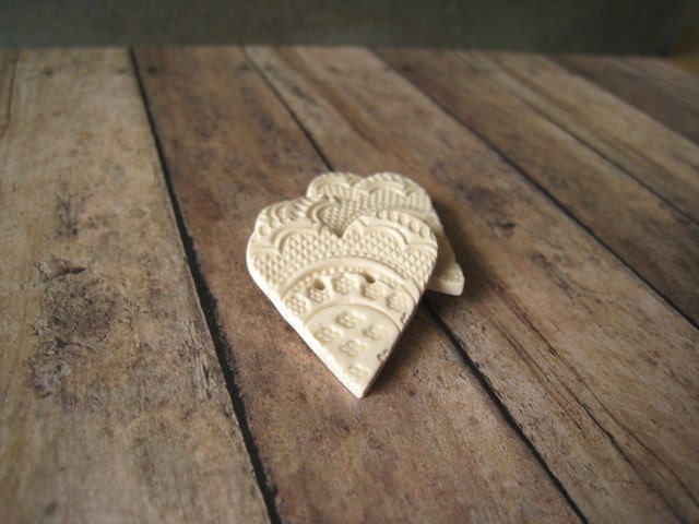 Cream polymer clay Doily Heart Buttons, set of 3 medium