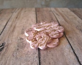 Pink polymer clay Flower Buttons, distressed brown script pattern set of 3