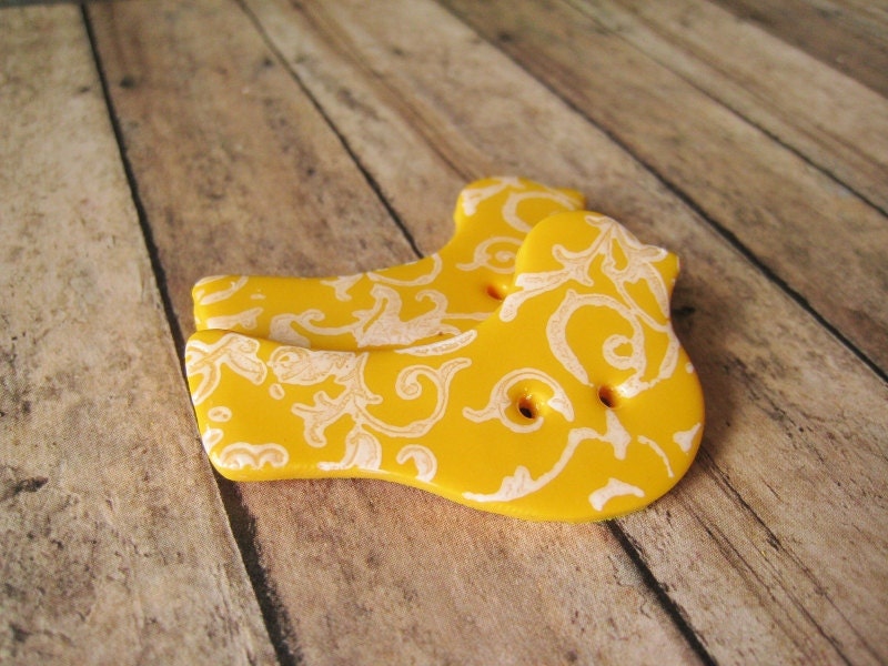 Sunny Yellow polymer clay Large Bird Buttons, set of 3 white flourish pattern