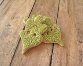 Cream polymer clay Leaf Buttons, set of 3 distressed green tendrils pattern