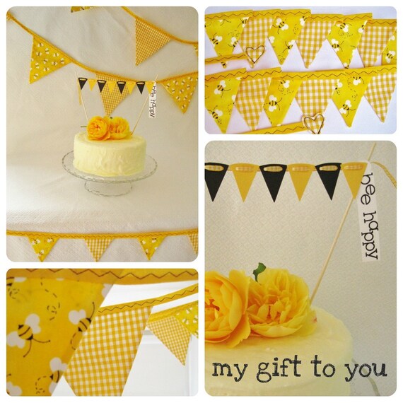 Bumble bee "Party Time" Kit 1 x Large 12 flag bunting 1 x 16 flag mini fabric bunting & FREE cake bunting READY to SHIP Il_570xn
