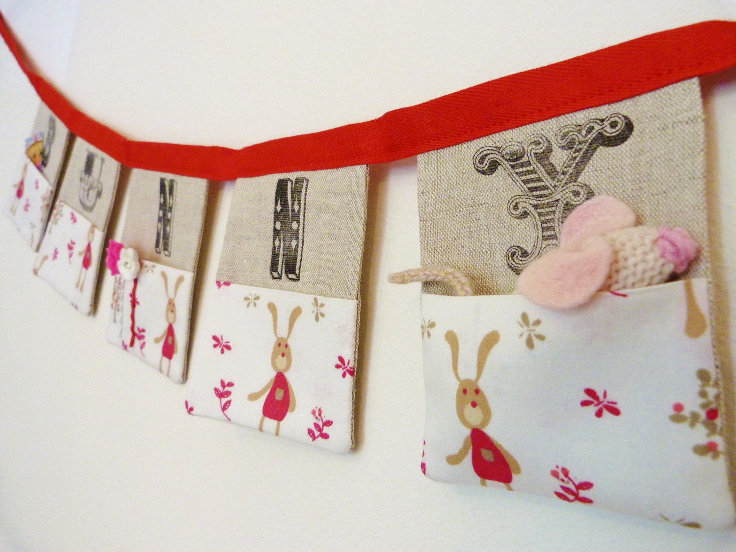 Bunny pocket bunting organiser 5 linen flags with cute bunny fabric pockets Can be personalised Super sweet new baby gift READY TO SHIP Il_570xn