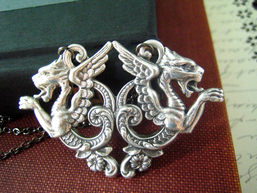 Gothic dragons-- antique sterling silver plated brass fantasy necklace.