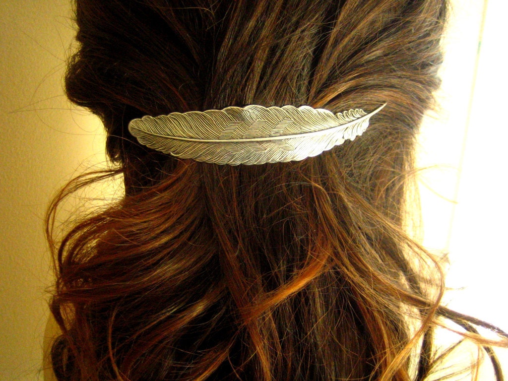 Large feather barrette in ox antique sterling silver plated brass