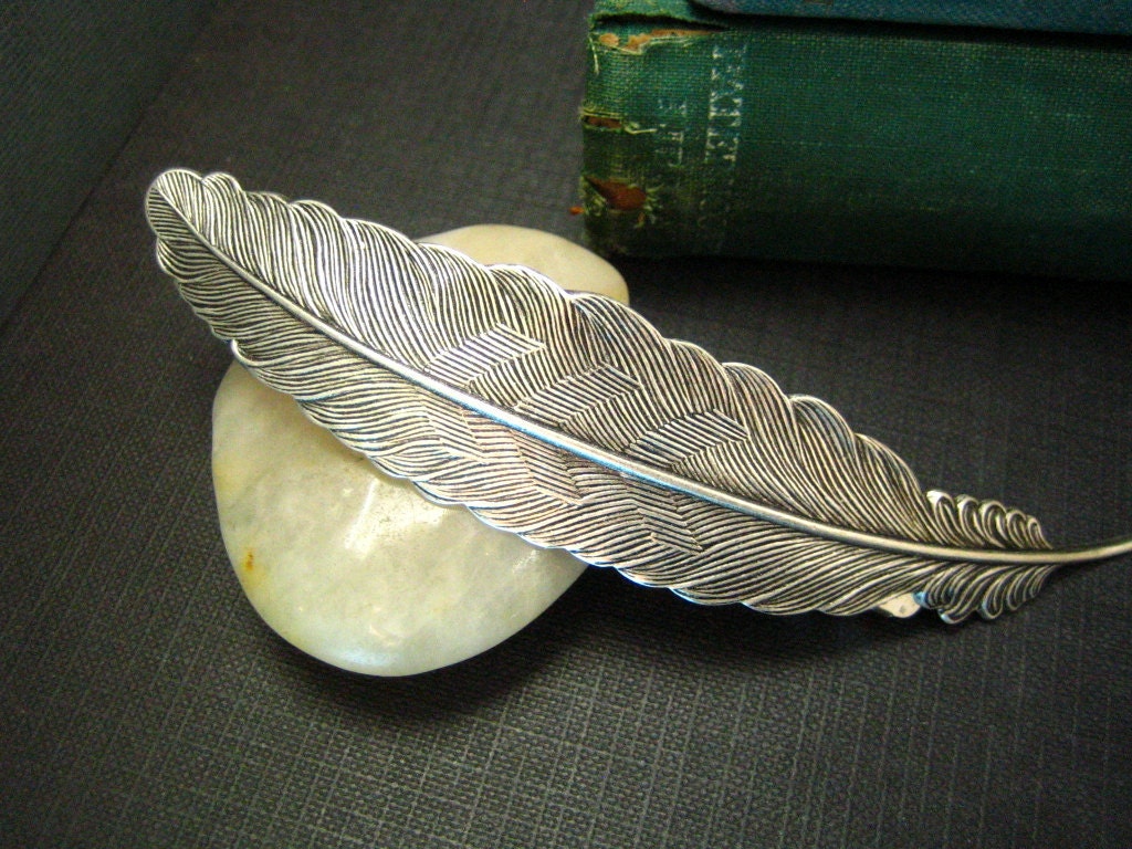 Large feather barrette in ox antique sterling silver plated brass