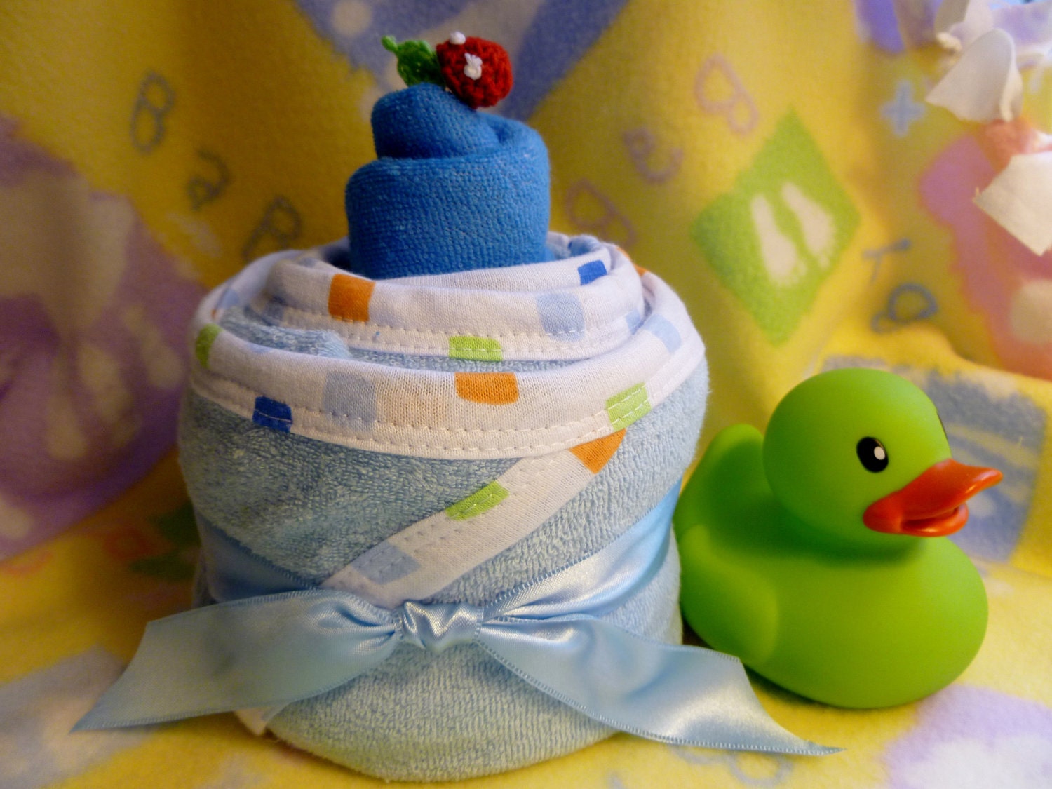 Hooded Bath Towel...2 Washcloth Baby Cake...2 Gold Fish Bath Sponges...Baby Shower..Baby Gift...for Boy...Toddler Birthday :)