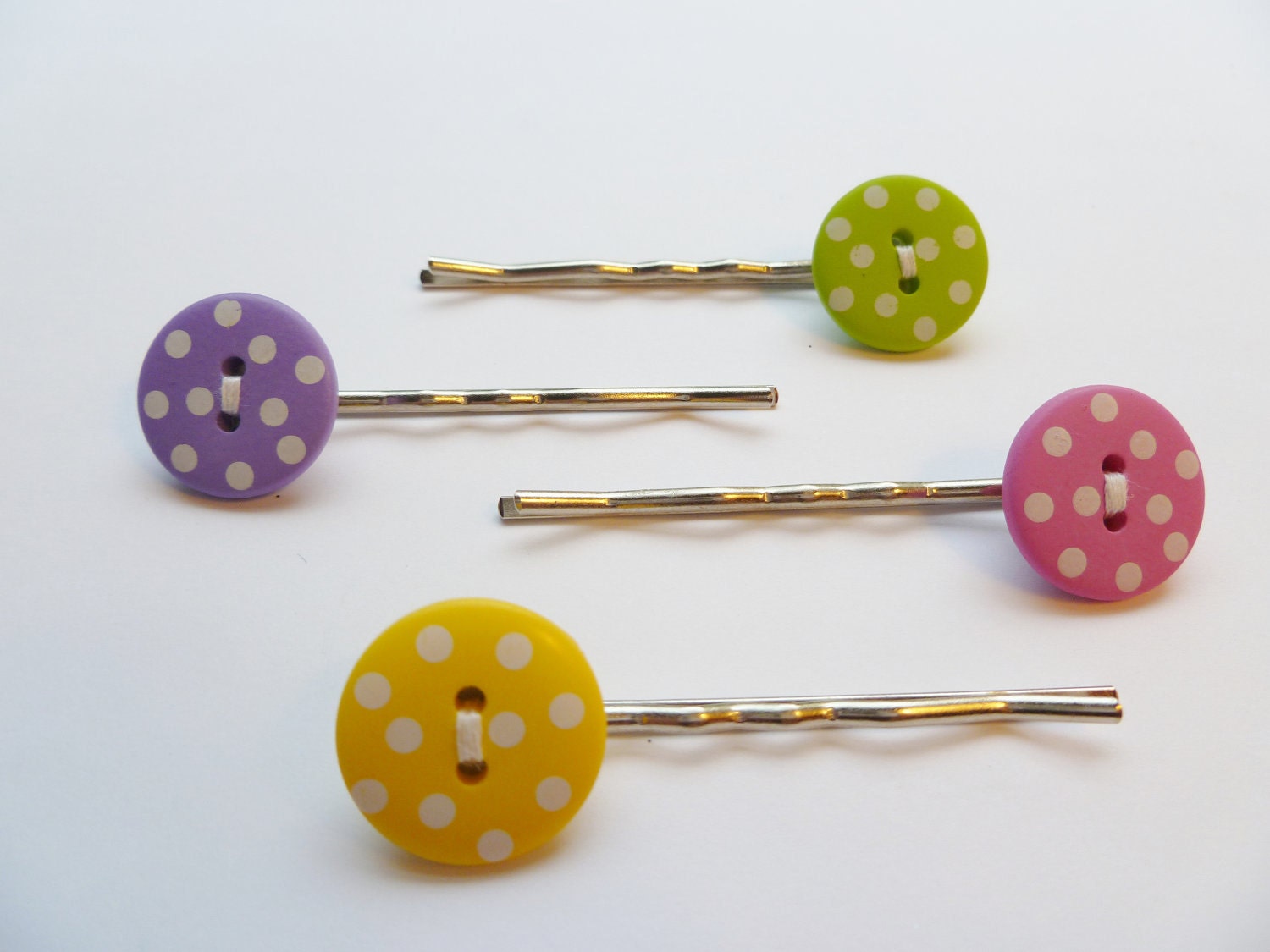 Button Hair Pins Set of 4  Yellow, Pink, Purple and Green with White Polka Dots by Moll Bell Designs....ON SALE 50% OFF  :)