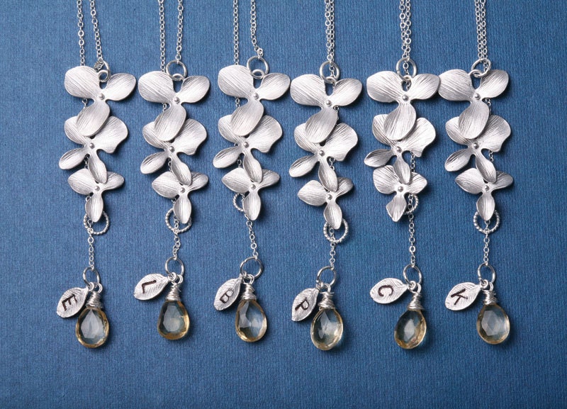 Set of 6, Bridesmaid necklace,Orchid flower,Customize initial & birthstone,Wedding jewelry,leaf initailstamped
