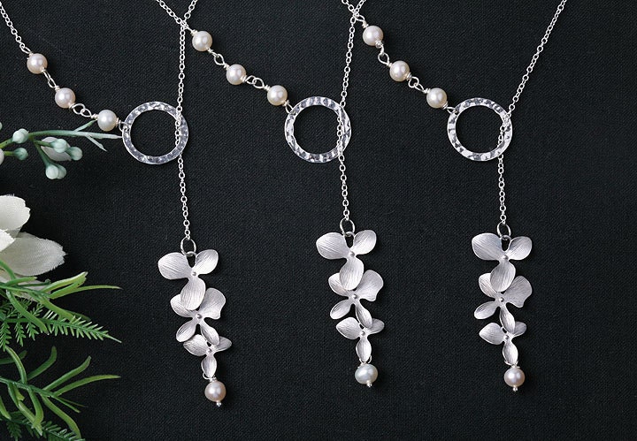 set of 5, Orchid flower,circle Necklaces,flower jewelry,wire wrapped pearl,wedding jewelry,wedding,bridal jewelry gift set