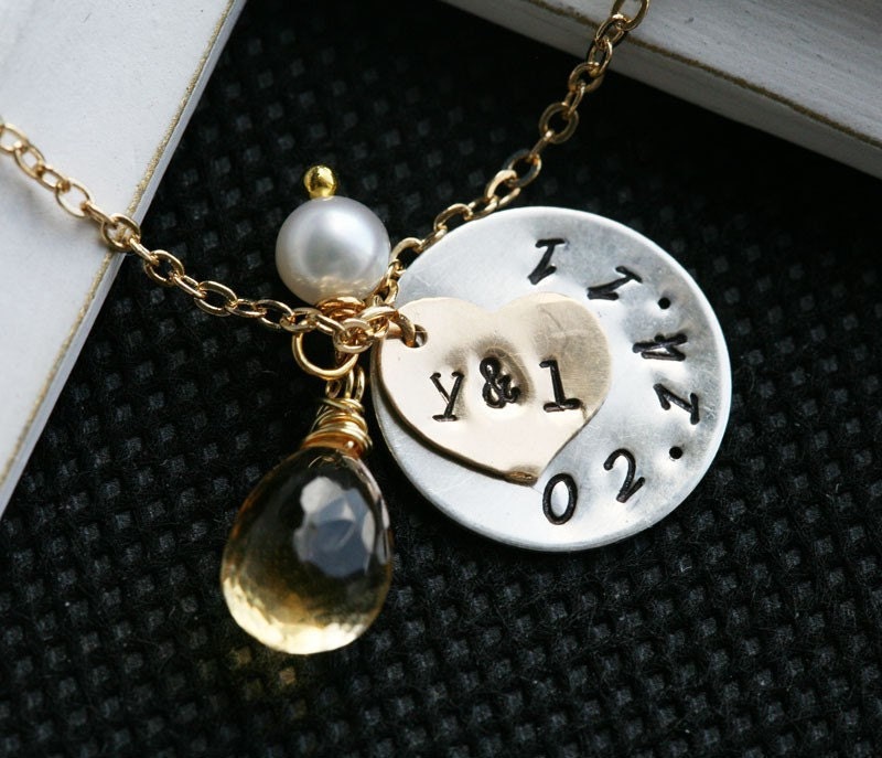 Original Design customized Gold filled heart initial and Solid SS disk,Birthstone on Gold filled chain, great anniversary gift