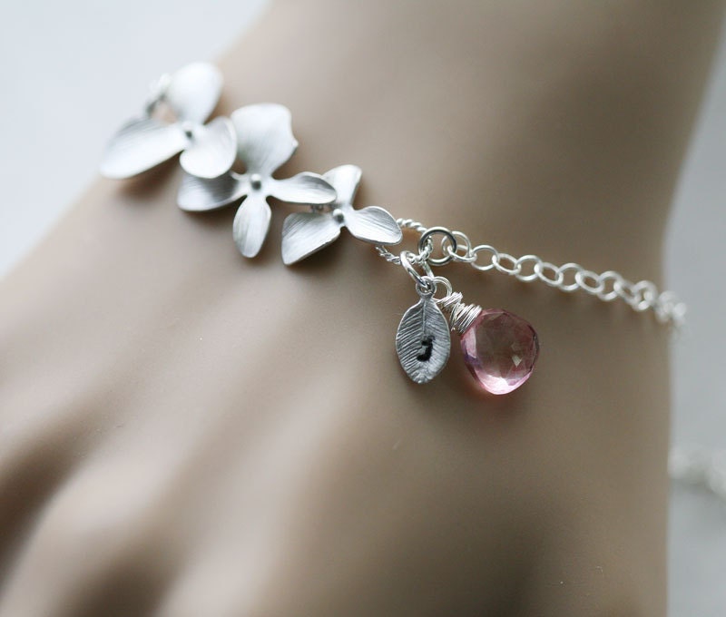 Personalized Birthstone initial Bracelet,Orchid flower,leaf initial Charm Bracelet, sterling silver, Flower girl, wedding Jewelry
