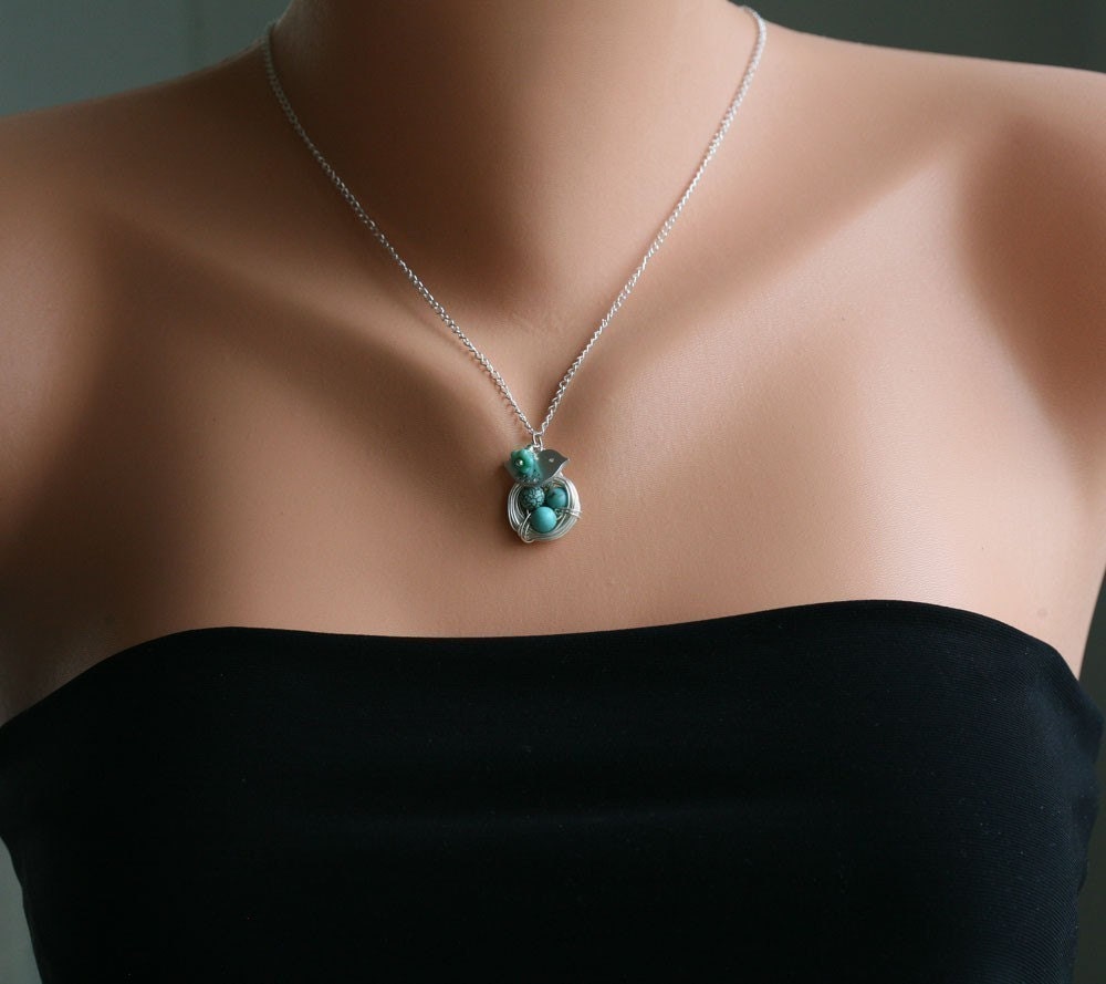Original Signature Design,Lovely Bird and Nest Turquoise Jasper Eggs sterling silver Necklace