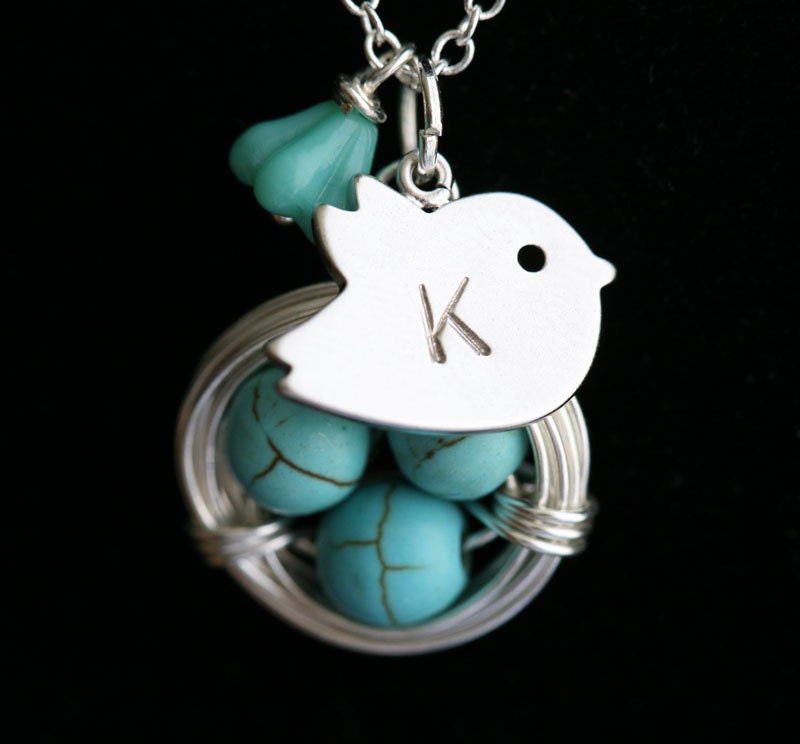Original Signature Design,Lovely Bird and Nest Turquoise Jasper Eggs sterling silver Necklace