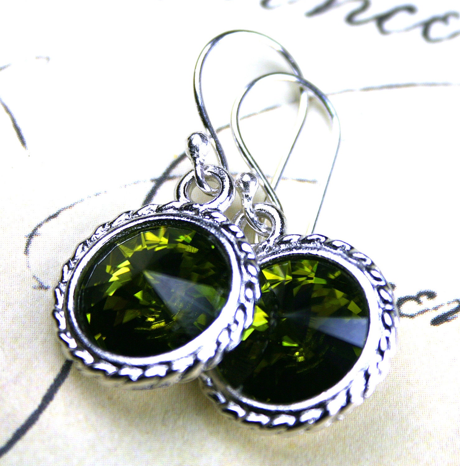 Swarovski Rivoli Crystal Earrings in Olivine Green- Rich Olive Green - Handmade with Swarovski Crystal and Sterling Silver- FREE SHIPPING