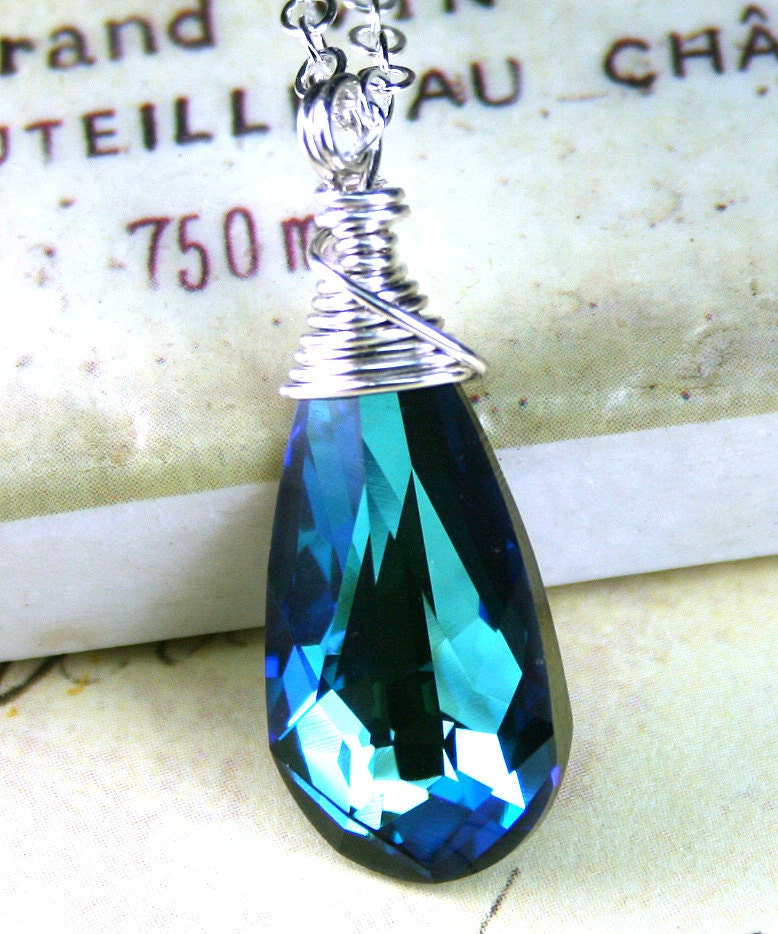 Swarovski Teardrop Crystal Pendant in Bermuda Blue -  Wire Wrapped with Sterling Silver and Swarovski Crystal.- Free Shipping