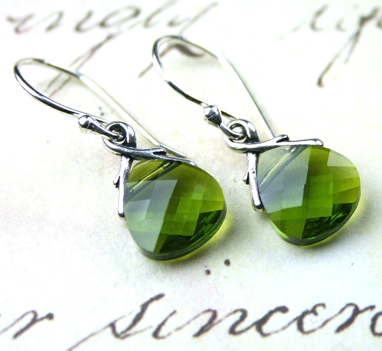 Swarovski.Briolette Earrings in Olivine Green - Handmade with Swarovski Crystal and Sterling Silver - FREE SHIPPING