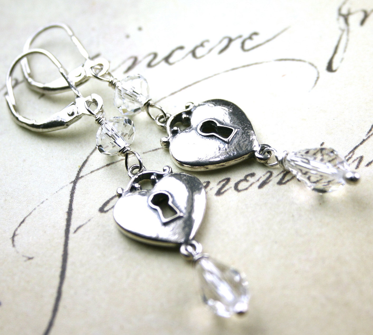 Unlock My Heart Earrings - Heart Locks with Crystal Earrings- OOAK-Swarovski Crystal and Sterling Silver- Free Shipping
