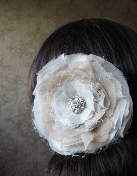Reserved for Kim 2 hairpieces and 1Brooch and Hair clip(2 in 1) beige, ivory Flower, swarovski rhinestone, netting