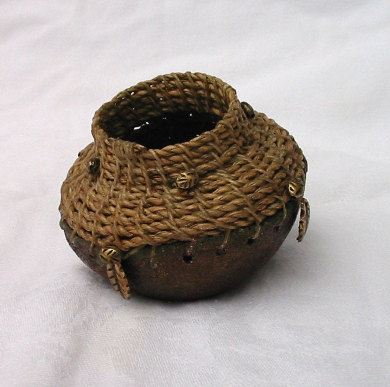Home Decor Art Bowl - - -  Dried Grapefruit Shell Woven Coiled Art