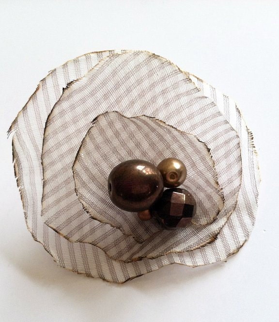 Linen Beige Tan Antique White Stripe Fabric Contemporary Flower Ring with Copper Czech Glass beads in the center Simple Unique Chic - FiberBungalow