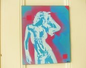 painting of woman dancing,stencils on wood,stencil art,graffiti art,urban art,wall art,design,europe,mens,womens,home,living,pink,turquoise