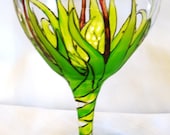 Hand Painted Wine Glass Pond Cattails with Frog or Dragonfly