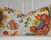 BOTH SIDES - Decorative Pillow Cover - 14 x 24, 16 x 24 - Festive Floral - Coral - Red - Yellow - Pink - Blue