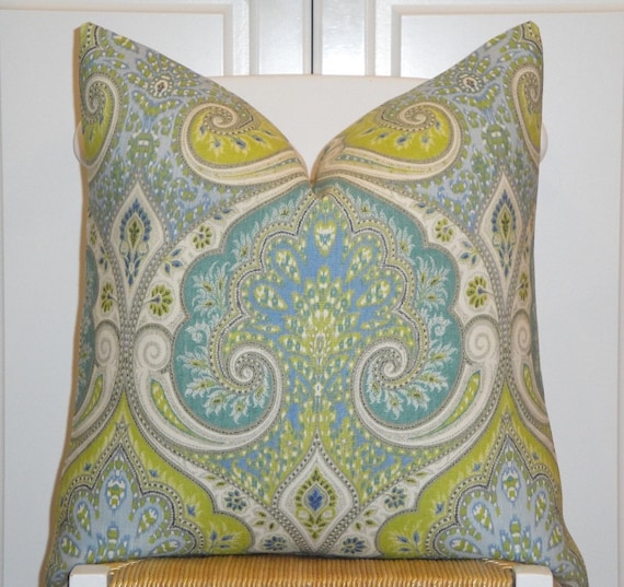 KRAVET - Decorative Pillow Cover - 20 x 20 - Throw Pillow - Accent Pillow - Aqua - Lime Green - Light Blue - Paisley - Ikat