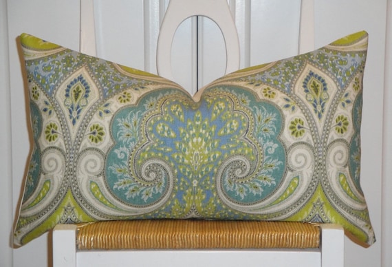 KRAVET - Decorative Pillow Cover - 12 x 21 - Throw Pillow - Accent Pillow - Aqua - Lime Green - Light Blue - Paisley - Ikat