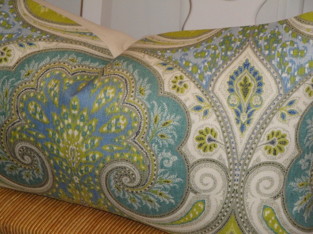 KRAVET - Decorative Pillow Cover - 12 x 21 - Throw Pillow - Accent Pillow - Aqua - Lime Green - Light Blue - Paisley - Ikat