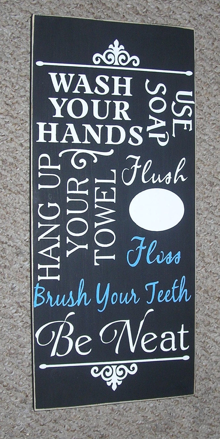 20% OFF TODAY Bathroom Sign Rules Typography Word Art Handpainted Wood Sign upc