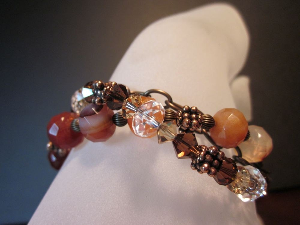 Daphne-Shibuichi Toggle, Carnelian Rondelles, Swarovski Crystals,Antiqued Brass, Antiqued Copper Bracelet