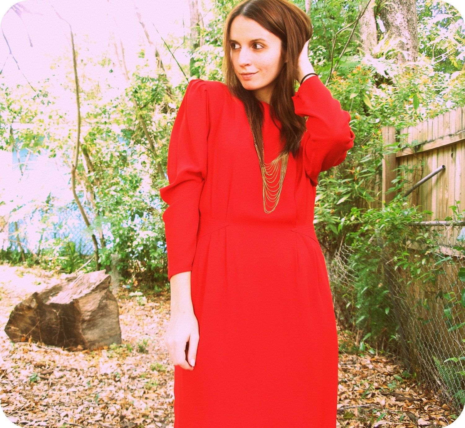 SALE Red Avant Garde Puff Sleeve Dress with Art Deco Waist Detail