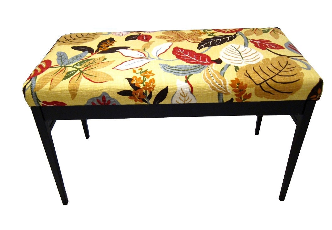 Contemporary Upholstered Bench:  Bedroom Bench in bright yellow floral cotton fabric