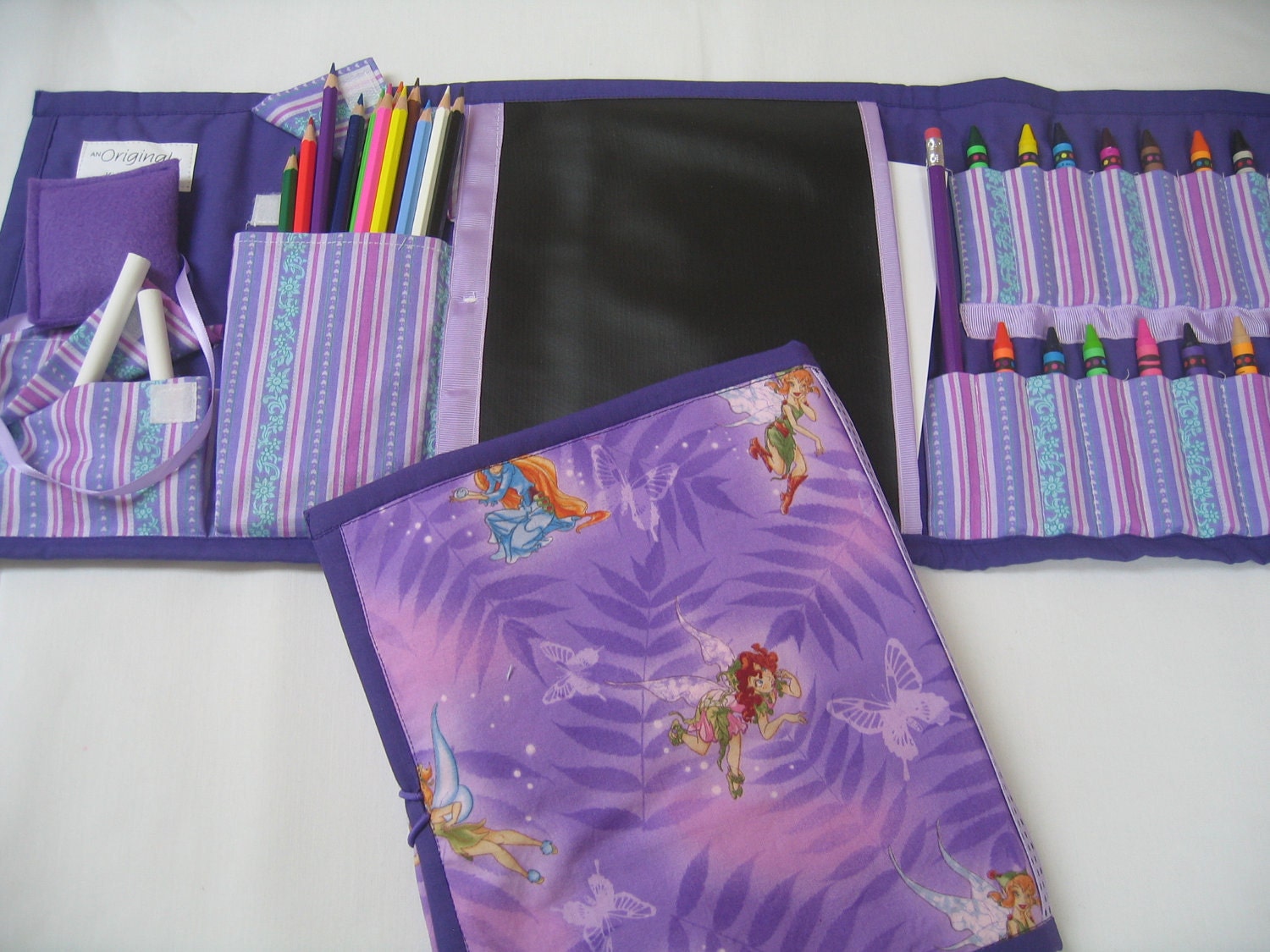 Cute Fairy Art Tote complete with chalkboard, chalk, eraser, paper pad, pencil, crayons, and colored pencils