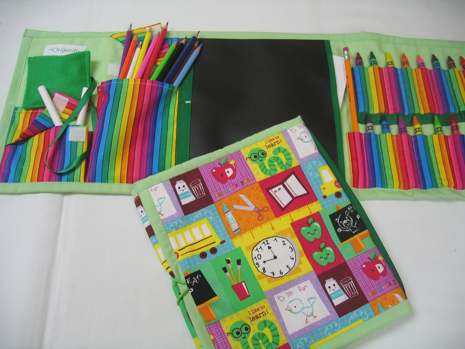 School Time Art Tote complete with chalkboard, chalk, eraser, paper pad, pencil, crayons, and colored pencils