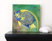 Tropical Fish Art, QUEEN ANGEL FISH, 8x8 Oil on Canvas, Home Decor, Beach Wall Art