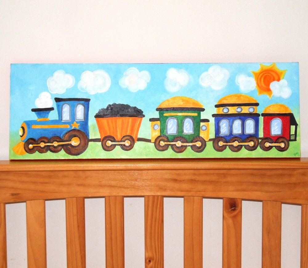 Train Art for Boys Nursery, TRAIN, 10x30 Canvas Painting for Childrens Room Decor