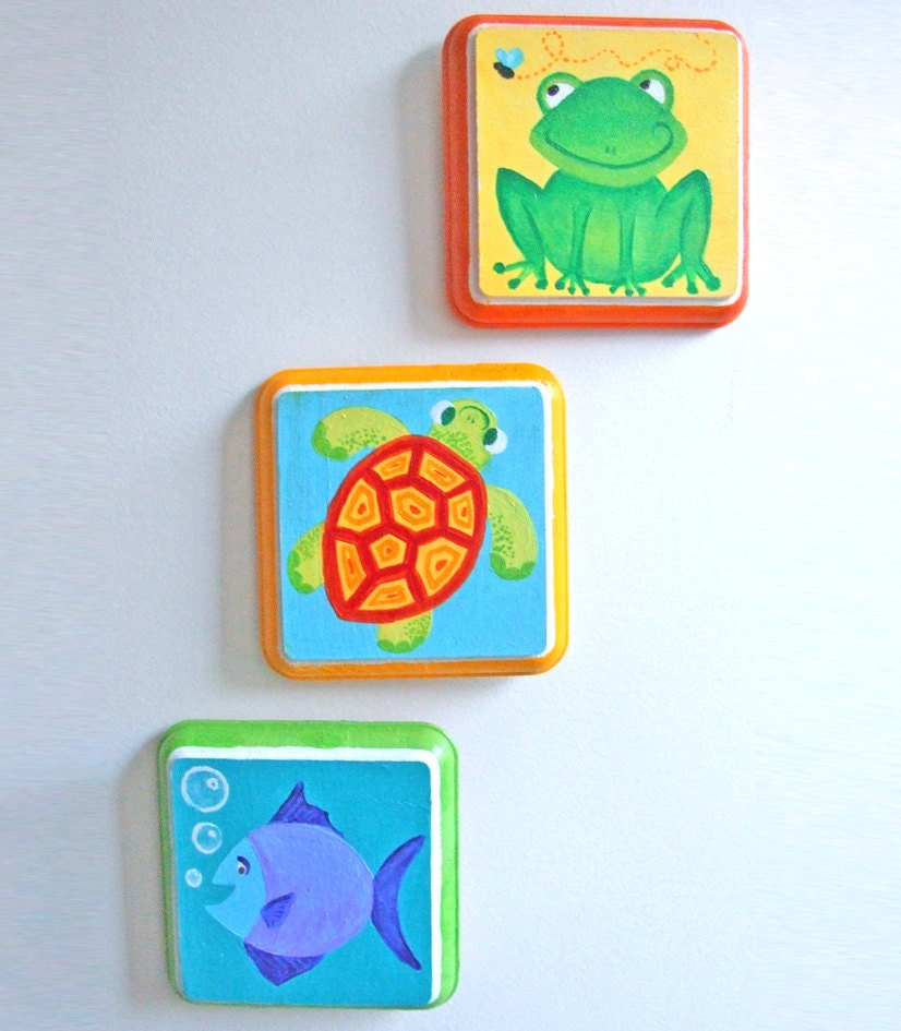 Art for Kids, FROG FISH TURTLE, Set of Three Handpainted 4x4 Plaques, Nursery Art, Kids Decor