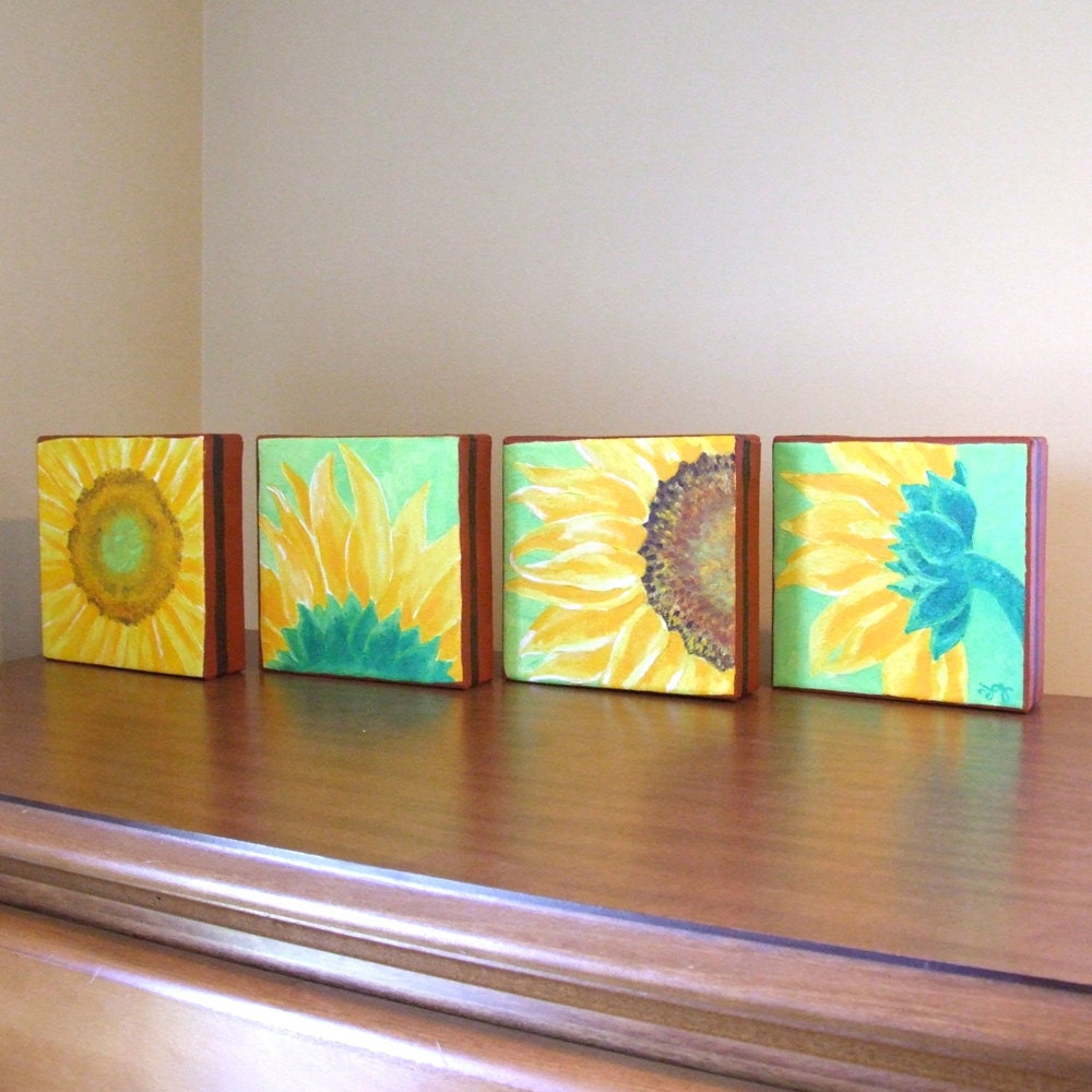 Original Painting, SUNFLOWERS, Four 6x6 acrylic canvas, Home Decor, Floral, Set of 4