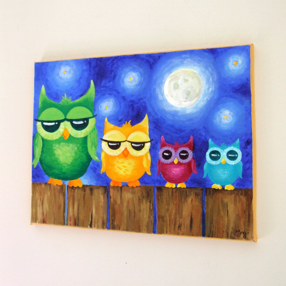 Original Painting, OWLS ON A FENCE, Whimsical art, Art for kids room, or nursery