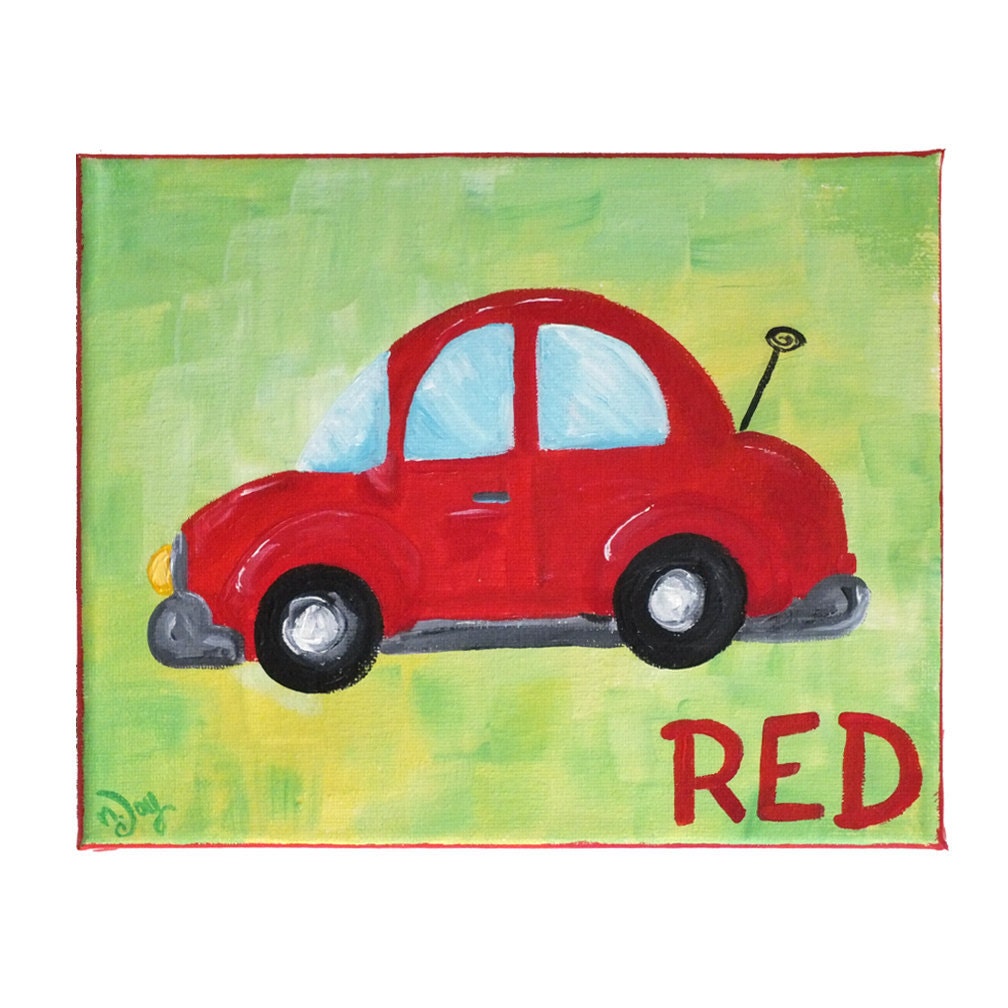 Wall Art for Children, COLORFUL CARS, Set of Three 8x10 original canvas paintings, Red, Yellow and Blue Car Art for kids rooms.