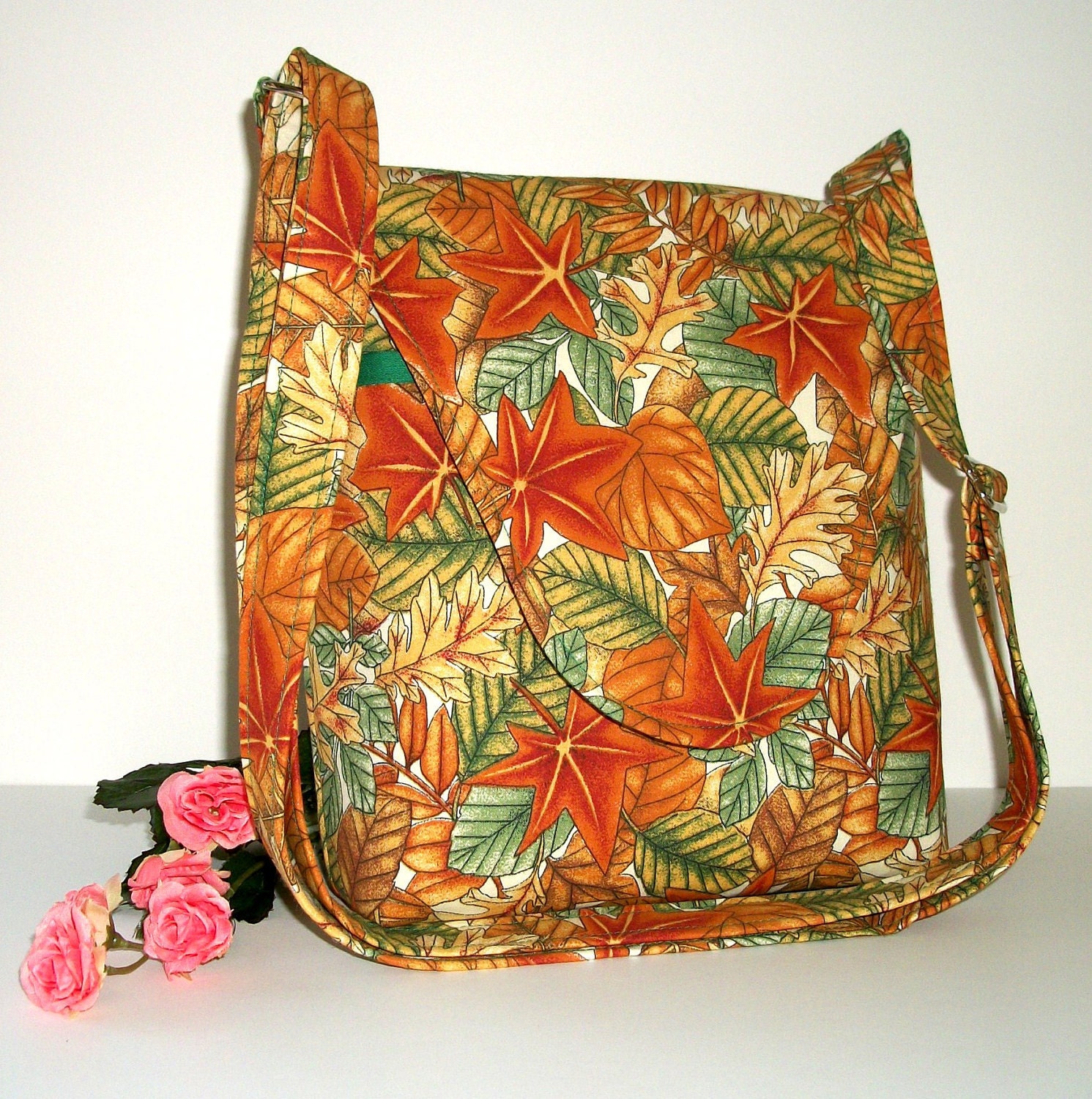 Small Cross Body Messenger Bag - Autumn Leaves in Orange and Green, Adjustable Strap