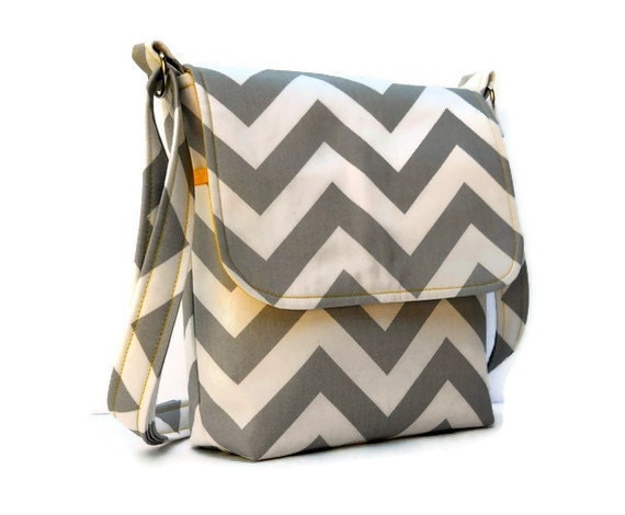 Small Messenger Bag Cross Body Shoulder Bag - Gray and White Chevron Zig Zag with Yellow
