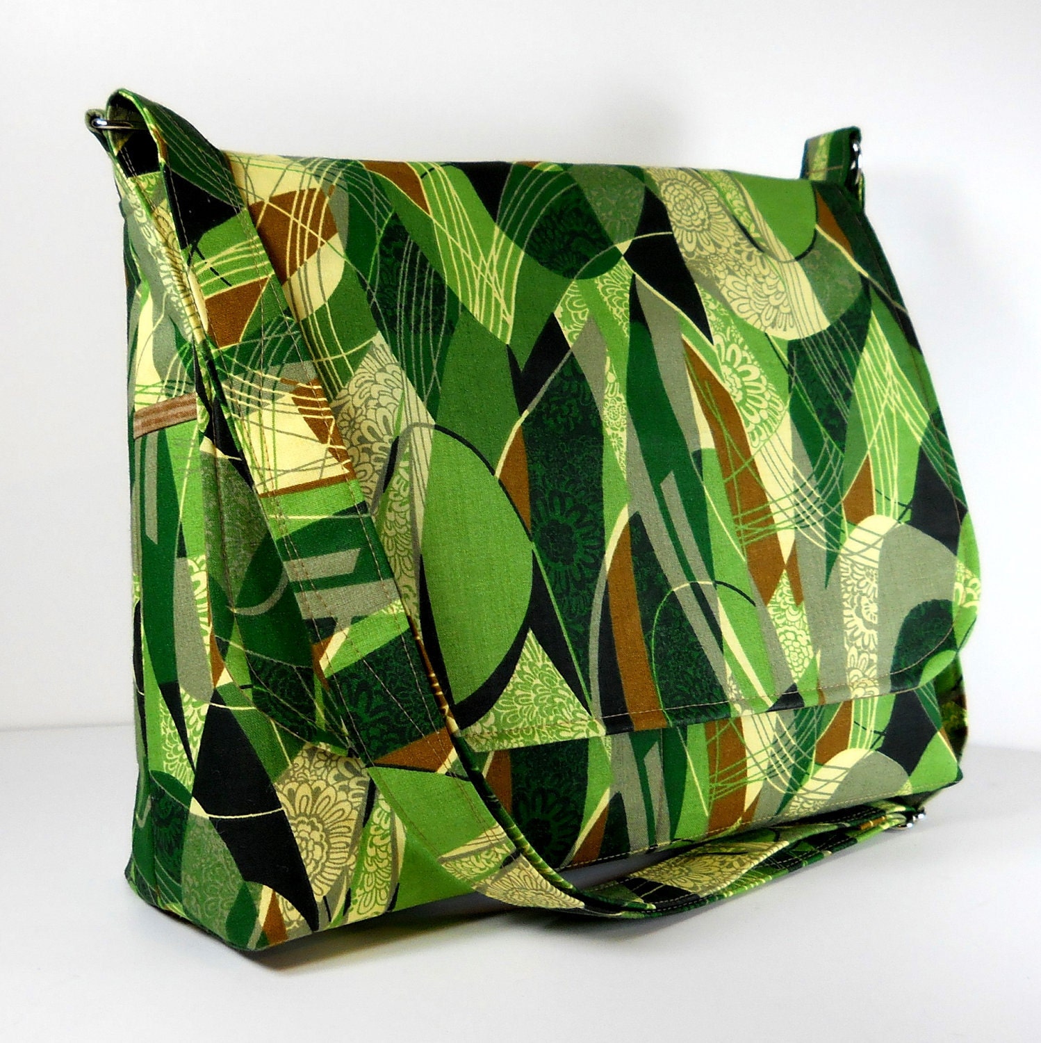 Messenger Purse Cross Body Bag - Green and Brown Abstract Print