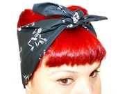 Vintage Inspired head Scarf, hair tie Skeletons, Rockabilly, Retro