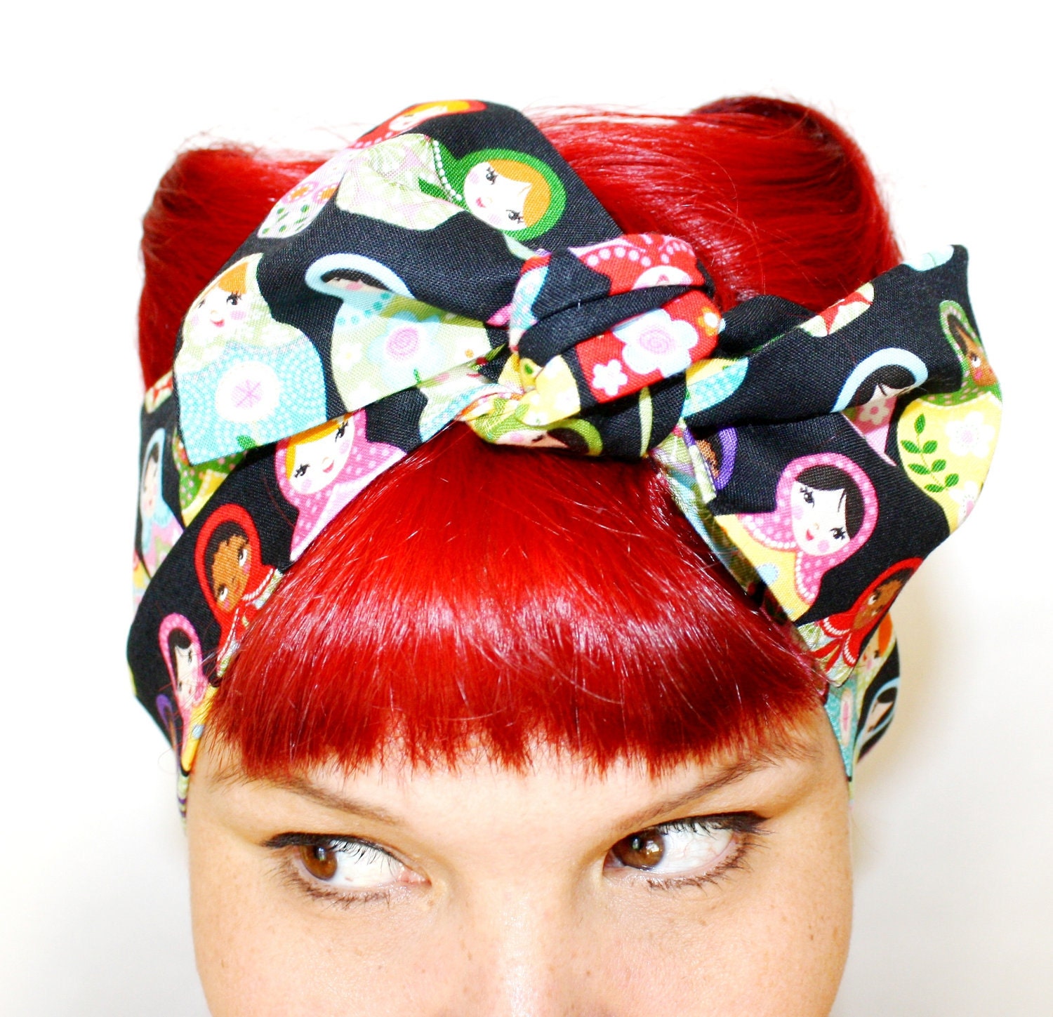Bow hair tie, Vintage Inspired Head Scarf, Russian Dolls